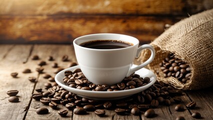 Poster - Mug of coffee and coffee beans on wooden surface