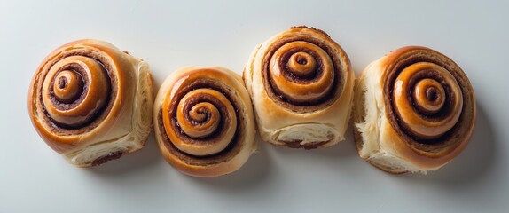 Poster - Artistic arrangement of cinnamon buns on a white backdrop. Flat lay. Culinary concept.
