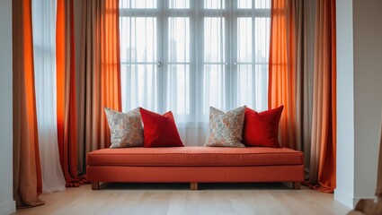 Poster - Bench with cushions next to red curtains in the living room