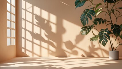 Poster - Beige Room with Peach Fuzz Wall Studio Background, Light and Shadow Leaves Texture on Table Surface, Display for Cosmetic Product Presentation