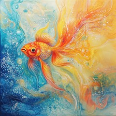 Poster - Artistic Goldfish Painting with Vibrant Colors and Bubbles in a Fluid Abstract Style Underwater Scene