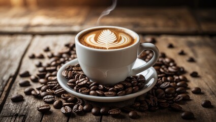 Poster - Cup of coffee and coffee beans placed on an aged wooden table
