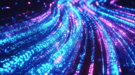 Poster - High-speed internet fiber strands illuminated in a glowing blue and purple matrix, forming a dynamic, futuristic tech landscape.