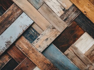 Poster - Rustic Wooden Planks Arranged in Herringbone Pattern Creating a Captivating Texture Rich in Warm and Cool Tones for Backgrounds and Overlays
