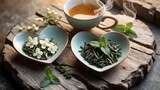 Cup of jasmine tea alongside dry leaves in the backdrop