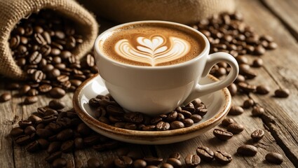 Poster - Latte coffee cup with heart design and coffee beans in the backdrop