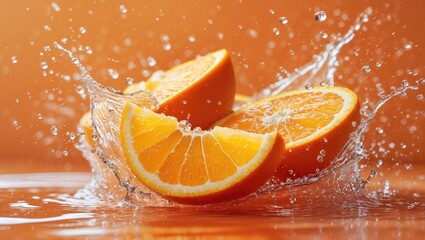 Poster - Creative display of Fresh Sliced oranges and Orange fruit with water splashing over an orange surface.