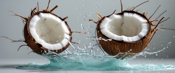 Aufkleber - Coconut broken with water spray. Tropical motif.