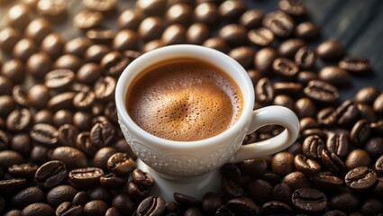 Poster - Coffee cup set against a backdrop of coffee beans. Steps to make tasty coffee.