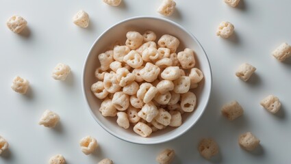 Poster - White bowl filled with crispy rice cereal. Top-down photograph. Food perspective.