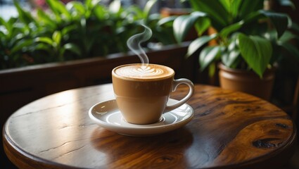Poster - CafÃ© scene with a cappuccino coffee cup on a wooden table and a background of green plants. Front-facing view. Copy area.