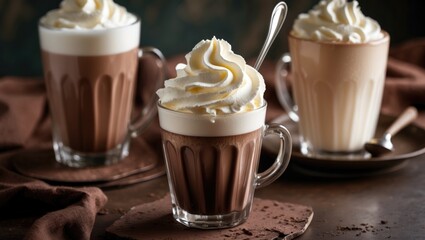 Poster - Creamy milk chocolate beverages served as a homemade latte with whipped cream on a weathered brown table.