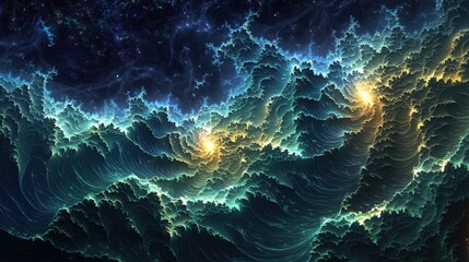 Aufkleber - Glowing fractal waves in deep cosmic hues, intricate patterns expanding infinitely, evoking a sense of mystery and wonder.