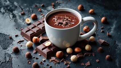 Poster - Hot cocoa in a cup with chocolate bits on a dark concrete setting