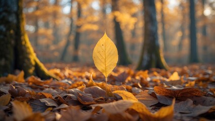 Poster - A tranquil forest is covered with golden and brown leaves on the ground.