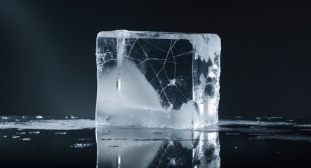 Aufkleber - Translucent frosty natural ice block featuring cracks on a reflective surface.