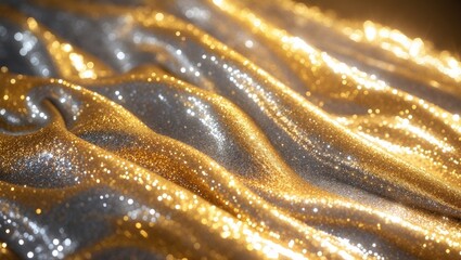 Poster - Top-down view of a shiny glitter texture featuring gold and silver. Selective focus applied.