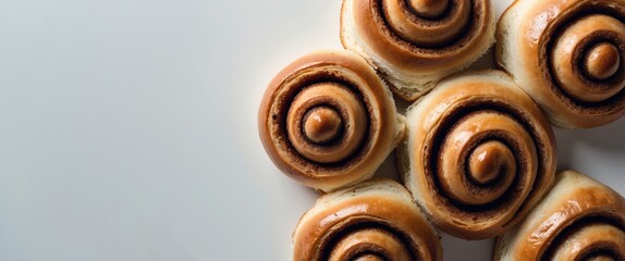 Poster - Stylish display of cinnamon pastries on a white background. Aerial shot. Gastronomy idea.