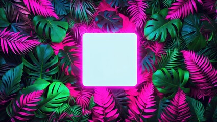 Aufkleber - Nature concept showcasing a flat lay of tropical leaves with a neon light square in a vivid fluorescent color scheme.