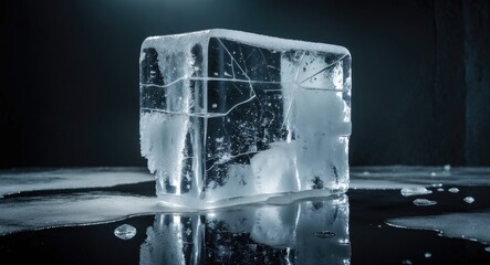 Aufkleber - Transparent frosty ice block showcasing cracks against a reflective backdrop.