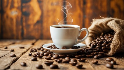 Poster - Coffee cup and coffee beans on timber background