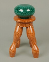 Poster - unique wooden sculpture featuring a glittering green sphere on a tripod stand against a gray backgro