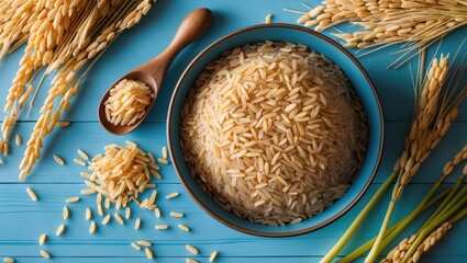Poster - The blue table holds a bowl of brown rice with a spoonful and ears of rice nearby.