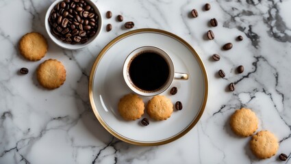 Poster - Aerial shot of amaretti cookies and a cup of black coffee on a marble tabletop.