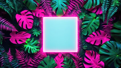 Aufkleber - Tropical leaves arranged in a creative fluorescent color layout with a neon light square. Flat lay. Nature theme.