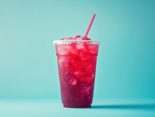 Poster - Refreshing red beverage with ice in a clear plastic cup against a vibrant blue background studio shot cold drink summer vibe