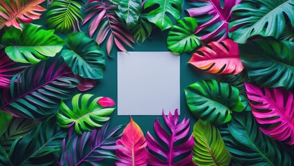 Aufkleber - Tropical Leaves with Paper Card Note in a Creative Fluorescent Color Layout. Flat Lay. Nature Theme.