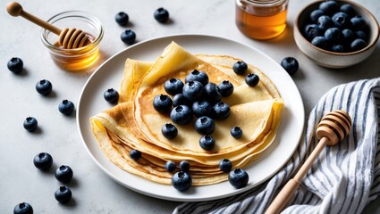 Poster - Crepes, thin pancakes or blini served with berries on a white plate. Bird's eye view. Area for text.