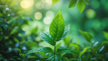 Poster - Close-up of a healthy green leaf set against a blurred greenery background in a garden with available space for text, showcasing natural green plant landscapes, ecology, and fresh wallpaper concepts.
