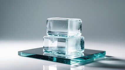 Poster - Crystal-clear ice blocks in a rectangular arrangement placed on a shiny surface with a white background.