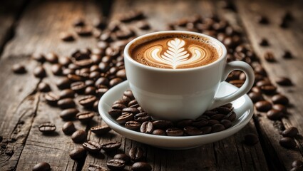 Poster - Coffee cup alongside coffee beans on a weathered wooden surface