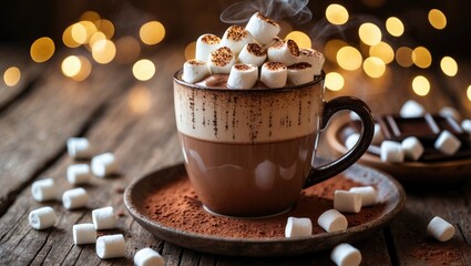 Poster - Mug of fragrant hot chocolate topped with marshmallows and cocoa powder on a wooden surface