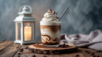 Aufkleber - A mocha coffee cocktail with whipped cream presented on a wooden tray over a stone gray surface. A delectable homemade dessert of coffee, milk, and cocoa.