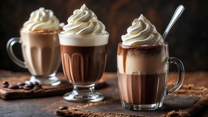 Poster - Homemade latte topped with whipped cream on a rustic brown table featuring creamy milk chocolate drinks.