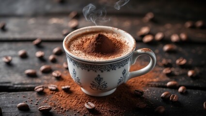 Poster - Dark Wooden Background Featuring a Cup of Cappuccino with Cocoa