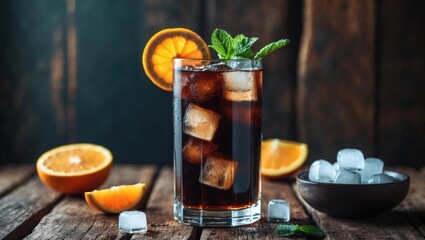 Poster - Dark background cocktail of Cuba Libre made with brown rum, cola, mint, and lemon.