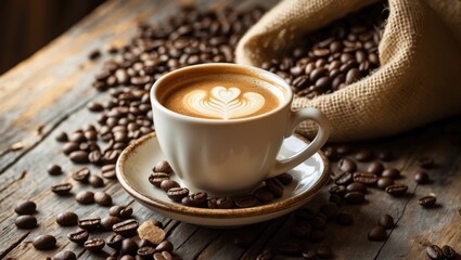Poster - Heart-shaped latte in a cup with coffee beans in the background