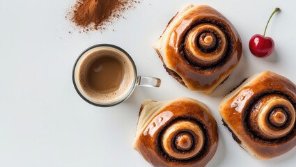 Poster - Creative composition featuring cinnamon rolls and a cup of coffee against a white surface. Flat lay. Gastronomic concept.
