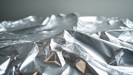 Poster - Reflective surface of crinkled silver foil texture featuring abstract wrinkles.