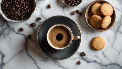 Poster - Black coffee cup with amaretti cookies on marble surface. Aerial perspective.