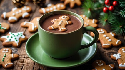 Poster - A cup of warm chocolate alongside gingerbread cookies. Festive food and drink theme.