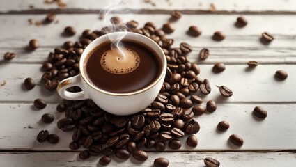 Poster - Tabletop view of a cup of decaf coffee with aromatic beans