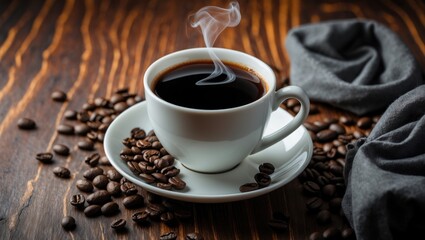 Poster - Cup of coffee placed with coffee beans on a wooden table