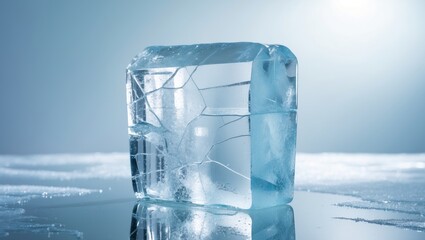 Poster - Pristine frosty textured natural ice block exhibiting cracks on a bright reflective surface.