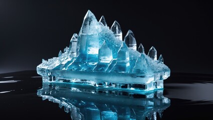 Poster - Transparent natural ice block in cool blue shades on a glossy black surface.