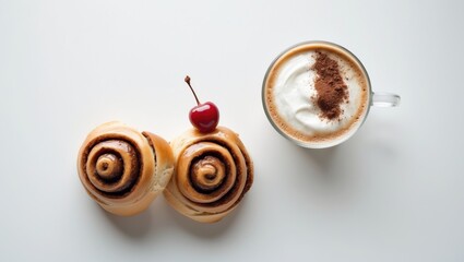 Poster - Stylish display of cinnamon buns alongside a coffee mug on a light background. Flat lay. Food idea.